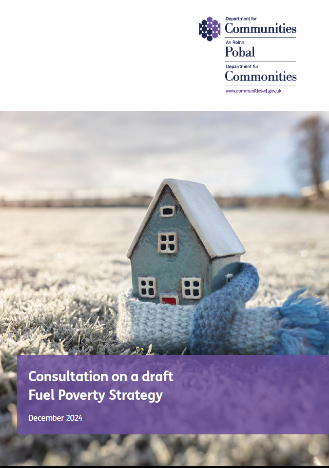 Cover page of the Department for Communities' Draft Fuel Poverty Strategy Consultation document. It shows a wooden toy house wrapped in a scarf.